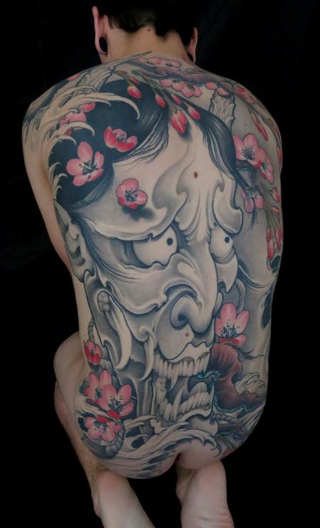 Tim Mcevoy - black and grey hannya mask with cherry blossoms tattoo, Tim McEvoy Art Junkies tattoo 